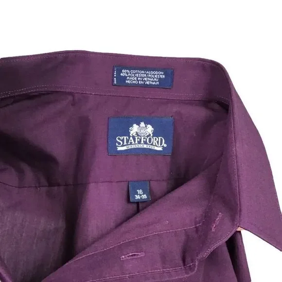 Stafford Shirt Men 16 34 35 Purple Wrinkle Free Classic Cotton Blend Button Up - Picture 8 of 8